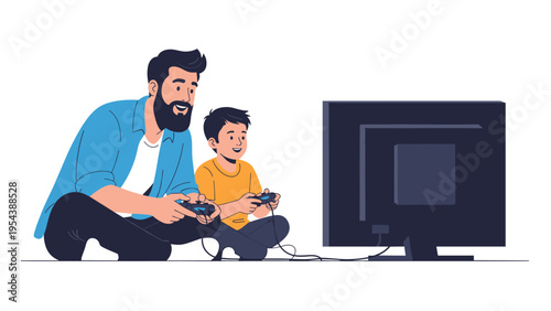 Happy father and his young son sitting on the floor and playing video games together in front of a tv screen.