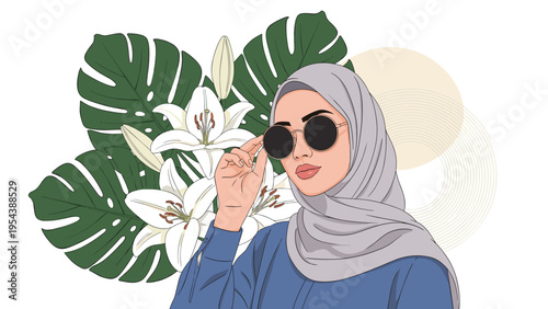 Portrait of a stylish woman wearing a grey hijab and sunglasses with white flowers and abstract background.