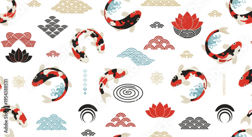 Koi fish and lotus seamless pattern with Japanese wave elements, oriental style decorative background vector illustration