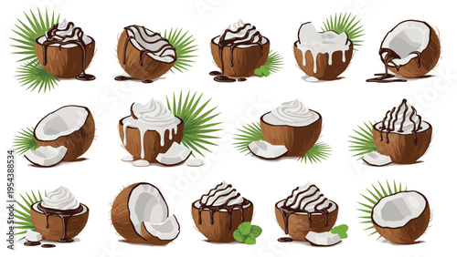 Assorted delicious coconut desserts and drinks served in natural shells topped with chocolate and whipped cream.