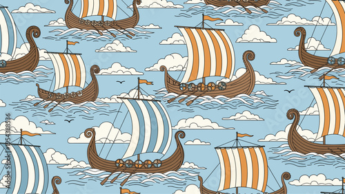 Seamless pattern with historical viking longships sailing on blue sea with white clouds and vintage map style.