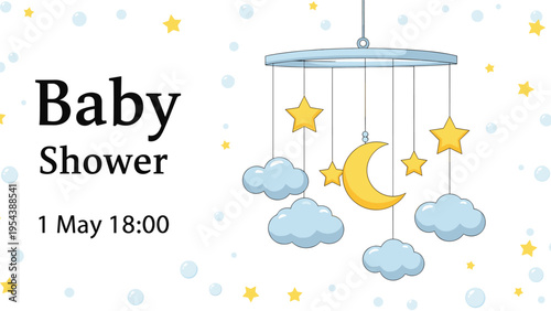 Baby shower invitation card with a cute mobile hanging stars clouds and a golden moon on a white background.