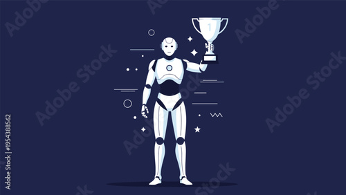 Futuristic robot character holding a trophy cup representing artificial intelligence success and technological achievement.