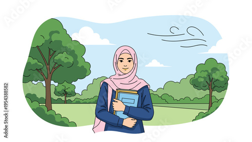 Happy young woman wearing a pink hijab and holding books while standing in a beautiful green park on a windy day.