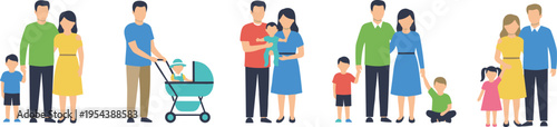 Collection of happy diverse family characters with father mother baby and children in flat vector style isolated on white background.