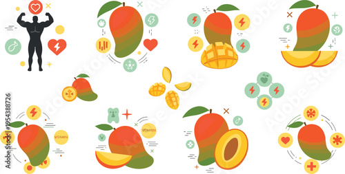 Mango nutrition and health benefits set with fresh fruit slices vitamins and fitness icons, tropical superfood concept vector illustration collection