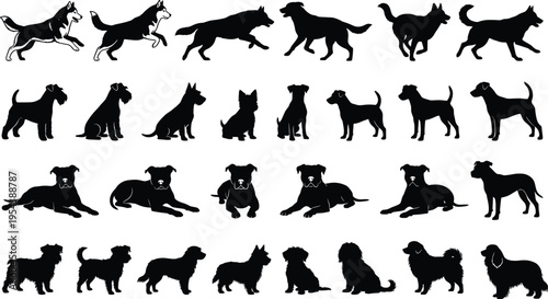 Dog Silhouette Collection with Various Breeds Running, Sitting, Standing and Lying Poses, Domestic Canine Pet Vector Illustration Set