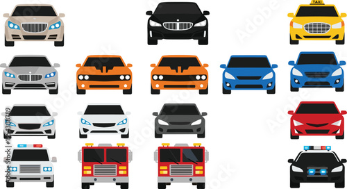 Front-facing illustration grid of twenty cars including sedans, sports cars, taxis, police vehicles, and fire trucks, symbolizing transportation, automotive design, emergency services,