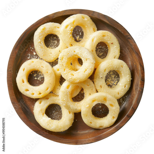 Delicious Peruvian Chifles: Crispy Fried Plantain Chips on a Wooden Plate on transparent background