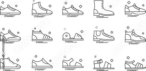 Minimal line sneakers and shoes icons set with casual sport footwear collection, outline style fashion footwear symbols vector illustration pack