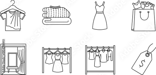 Clothing retail icons set vector illustration with hanger folded clothes dress shopping bag fitting room rack and price tag outline