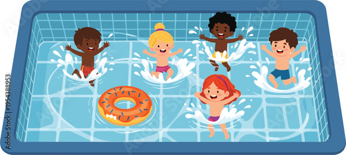 Happy diverse children playing and splashing water in swimming pool with inflatable donut float, fun summer activity illustration for kids recreation and leisure concept