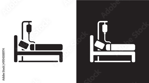 Patient in hospital bed with IV drip icon in minimalist graphic style with black and white contrast for medical illustration.