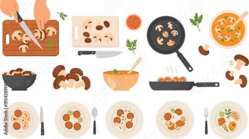 Mushroom cooking process set with cutting frying soup and plated dishes, healthy food preparation concept with vegetables vector illustration collection