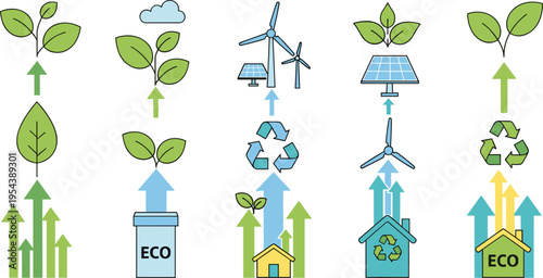 Eco sustainability icons set vector illustration with renewable energy recycling plants green growth solar wind power and environmental conservation elements