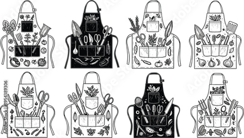Illustration of eight gardening aprons with tools, herbs, and vegetables arranged in pockets, symbolizing gardening, agriculture, homegrown food, outdoor lifestyle, and creative artwork projects