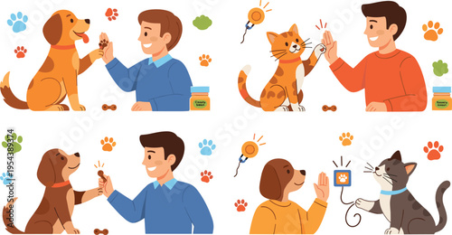 Pet training and reward concept with dog and cat giving paw and receiving treats, positive reinforcement animal behavior vector illustration set