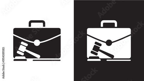 Legal briefcase and gavel icon in professional modern minimalist black and white vector illustration for legal services branding.