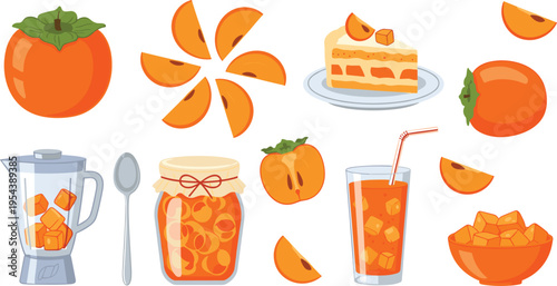 Persimmon fruit collection with slices juice jam dessert and blender preparation, fresh orange fruit food concept vector illustration set