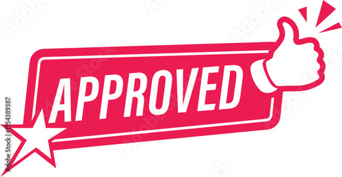 Approved icon. A flat web banner with a thumbs up image. The badge has been tested and verified. Vector illustration of an approved flag quality inspection icon.