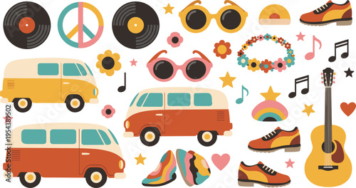 Retro hippie elements set with van vinyl records peace sign sunglasses guitar and flowers, vintage 70s lifestyle collection vector illustration design