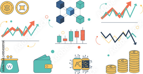 Financial technology vector illustration with cryptocurrency blockchain charts digital payment wallet investment growth analytics data trading icons and fintech elements
