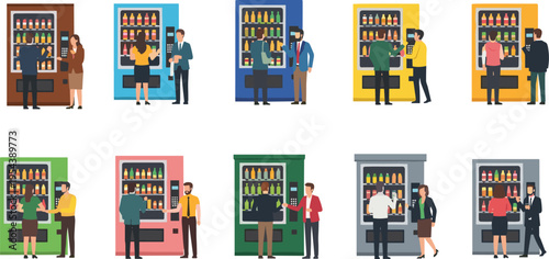 Illustration of ten colorful vending machines with beverages and people interacting, symbolizing automated retail, workplace amenities, social behavior, modern lifestyle, and creative artwork projects