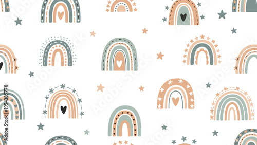 Seamless repeating pattern featuring bohemian style rainbows, stars, and hearts in soft pastel shades of blue and peach on a white background.