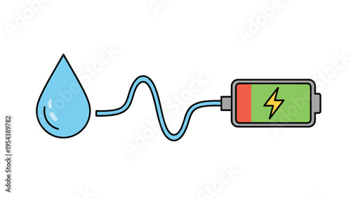 Symbolic illustration showing a water drop connected to a battery with a lightning bolt, representing hydroelectric or clean water energy.