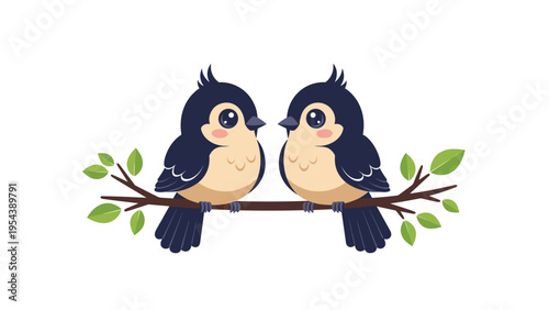 Pair of adorable dark blue birds with light breasts sitting together on a leafy tree branch, representing love, companionship, and nature.