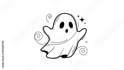 Friendly little ghost floating in the air with a surprised expression and swirling wind lines, perfect for Halloween decorations or graphics.