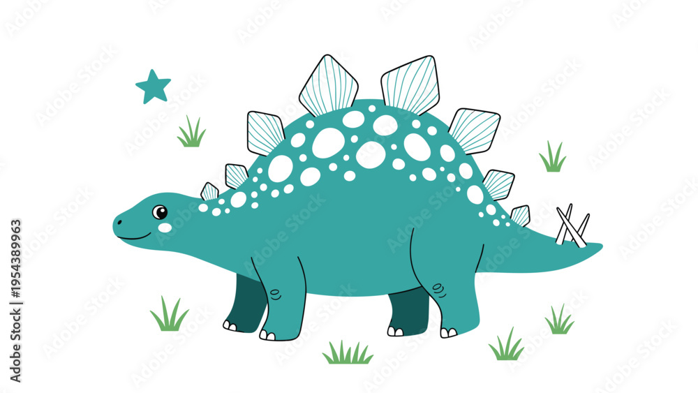 Obraz premium Colorful illustration of a friendly stegosaurus dinosaur with its distinctive plates and spiked tail standing in a simple grassy landscape scene.
