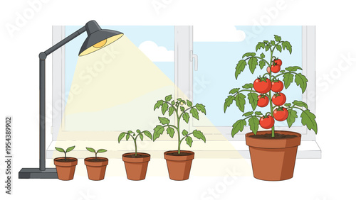Educational illustration of a tomato plant growth stages from a sprout to a full plant with ripe red tomatoes under a growing lamp on the windowsill.