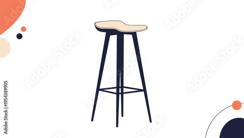 Modern and minimalist bar stool design with a sleek black frame and a natural wood seat shown against a simple abstract background for interiors.