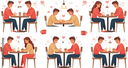 Romantic couples having coffee date set with love hearts and cozy cafe scenes, relationship and dating concept vector illustration collection