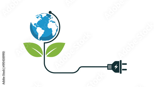 Creative environmental concept showing the planet earth connected by a power cord and a plug to green leaves promoting sustainable energy solutions.