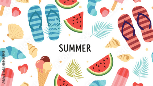 Vibrant summer pattern background with colorful icons of flip flops watermelon slices ice cream cones shells and palm leaves for beach themes.