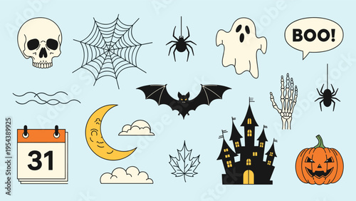 Spooky collection of halloween elements including a skull haunted castle ghost bat pumpkin and crescent moon on a light blue background.