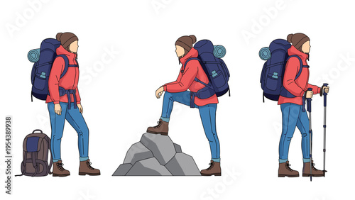 Set of illustrations featuring a woman hiker with a large backpack in different poses including walking and resting on rocks for adventure travel.