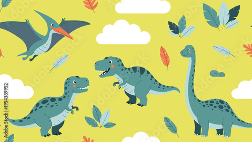 Cute seamless pattern for children featuring various dinosaurs like T-rex and Brachiosaurus with clouds and leaves on a sunny yellow background.