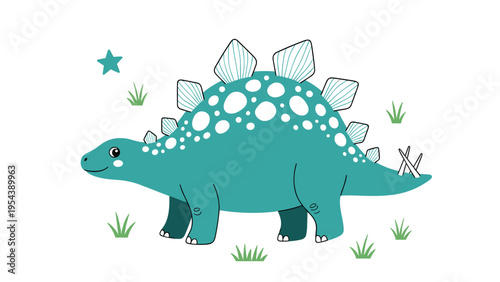 Colorful illustration of a friendly stegosaurus dinosaur with its distinctive plates and spiked tail standing in a simple grassy landscape scene.