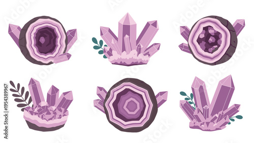 Beautiful collection of purple amethyst crystal geodes and clusters with delicate green leaves representing natural beauty and healing energy.