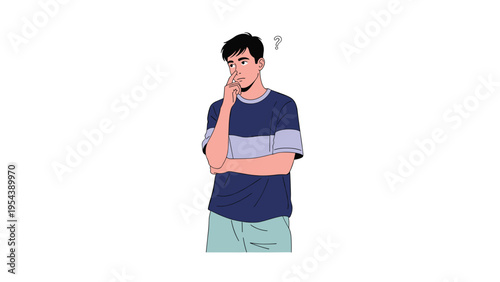 Confused man in casual clothes looking up thoughtfully with a question mark above his head symbolizing dilemma.
