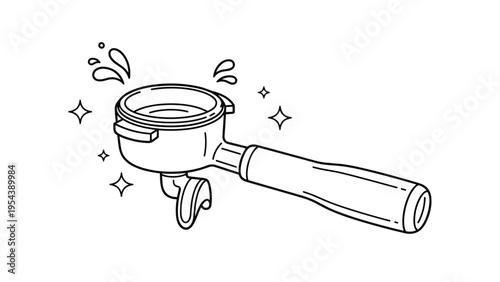 Black and white line art illustration of an espresso machine portafilter with coffee drops and shining stars for a professional cafe brand design.