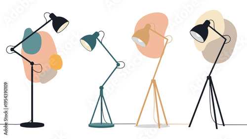 Four different designs of modern adjustable desk lamps in various colors and shapes against a minimalist background.