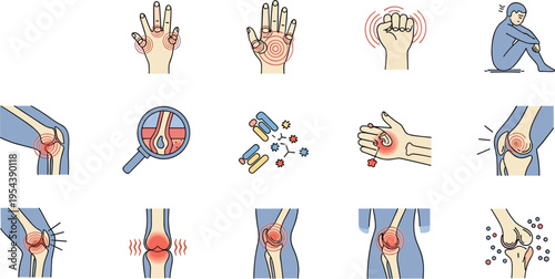 Joint pain medical icons set vector illustration with arthritis symptoms inflammation treatment body parts healthcare and orthopedic condition outline collection