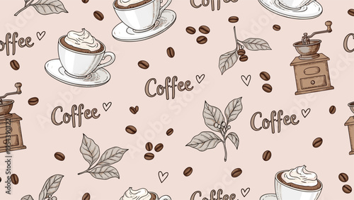 Seamless pattern of hand drawn coffee cups beans leaves and a vintage grinder on a warm beige background for cafes.