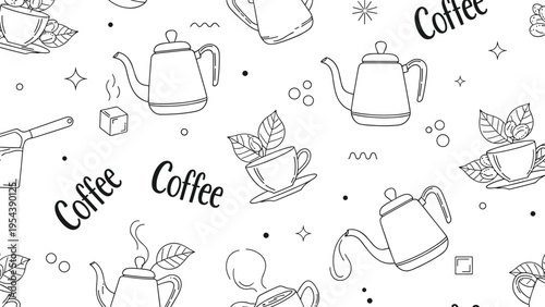 Minimalist seamless pattern of coffee pots cups leaves and sugar cubes drawn in a clean black and white line art style.