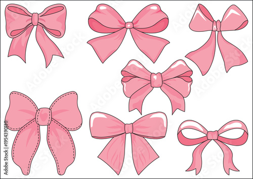 Pink Bow Ribbon Different Design Collection for Decor Fashion Pattern Knot Loop Tie Vector