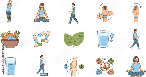 Healthy lifestyle icons set vector illustration with yoga exercise walking hydration nutrition vitamins hygiene and wellness activities for daily routine care